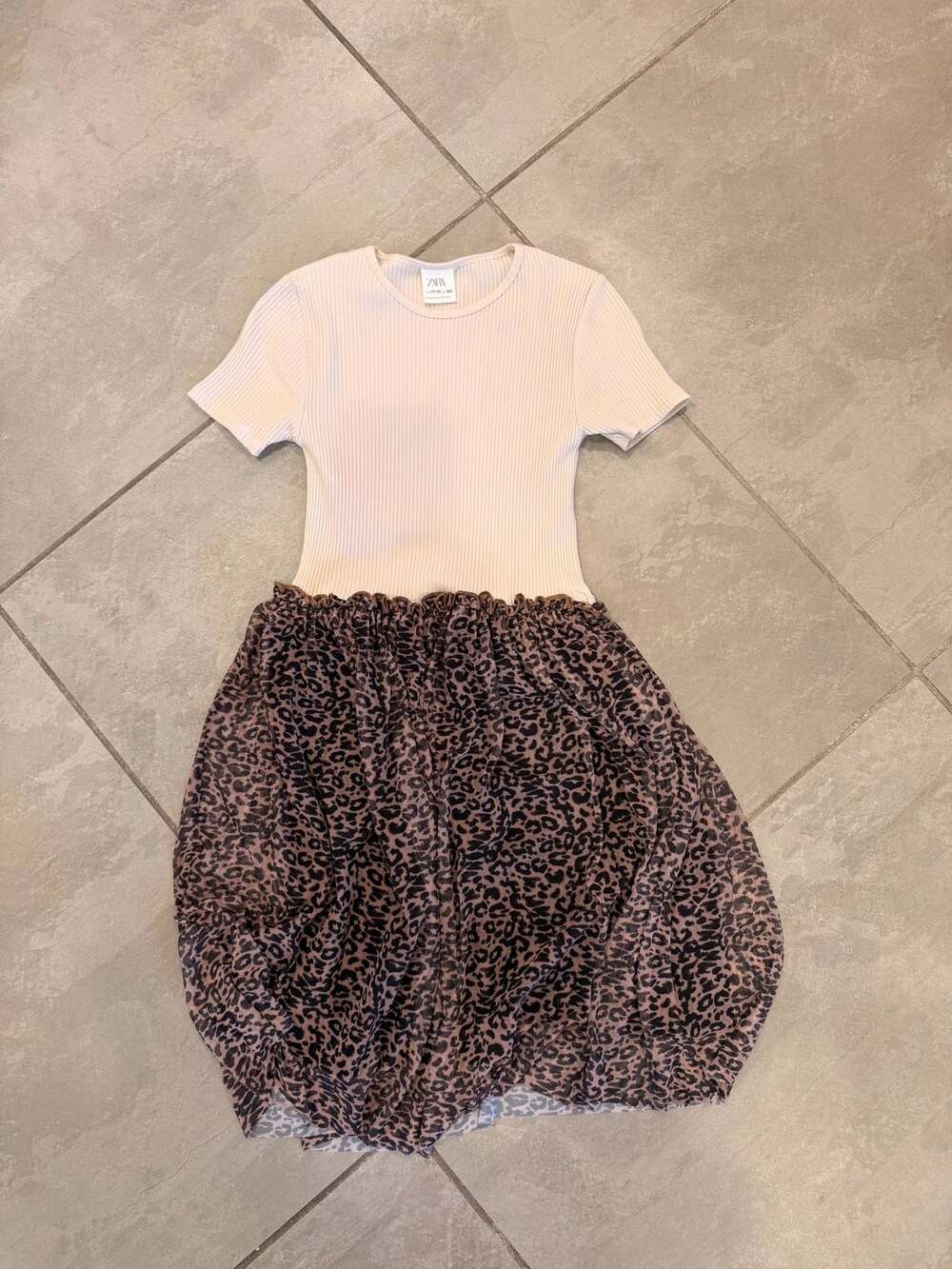 Zara Girls Ribbed Short Sleeve Top With Leopard Print Tulle Skirt Dress